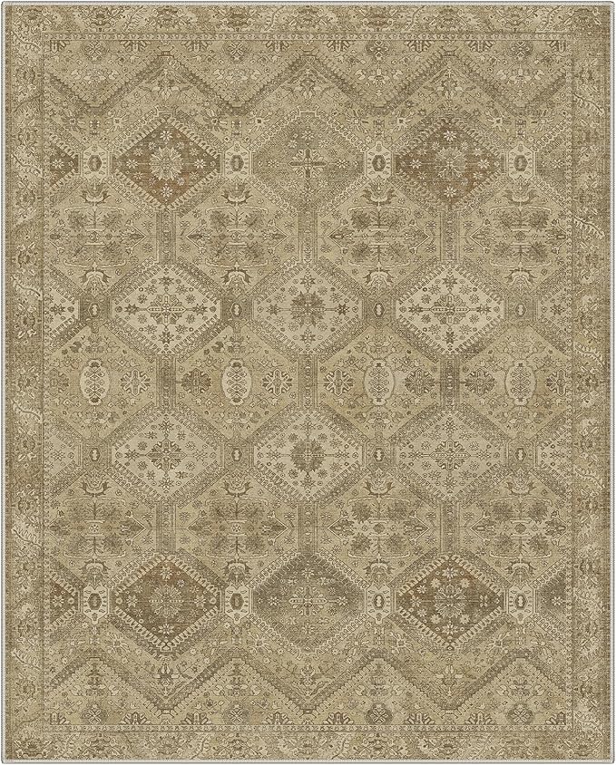 GENIMO 3x5 Area Rugs for Living Room, Machine Washable Non Slip Vintage Rugs, Low Pile Lightweight Print Rug for Bedroom, Dining Room, Home Office, Tan Brown
