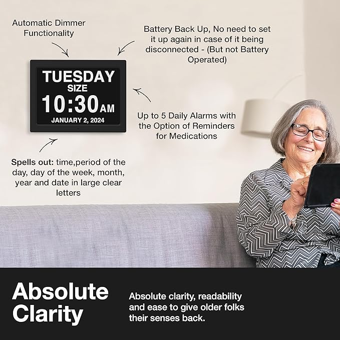 American Lifetime New 2026 Dementia Clock Large Digital Clock for Seniors, Alzeimer Clock Large Display with Custom Alarms, Clock with Day & Date for Elderly, Digital Calendar Black, 15 Inch