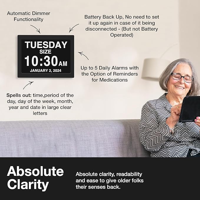 American Lifetime New 2026 Dementia Clock Large Digital Clock for Seniors, Alzeimer Clock Large Display with Custom Alarms, Clock with Day & Date for Elderly, Digital Calendar Mahogany, 15 Inch