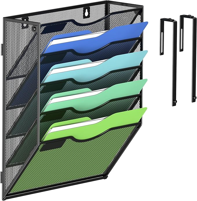 Kuntine.B Wall File Organizer Office Hanging Magazine Holder Wall File Organizer for Office Home (Black, 5 Tier & Hangers)