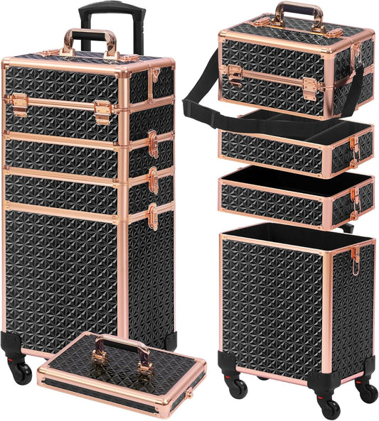 Rolling Makeup Case, Makeup Train Case with Lid, 5 in 1 Cosmetology Case on Wheels, Christmas Gift, Large Makeup Organizers, Profesional Cosmetic Case for Salon Barber, Black gold