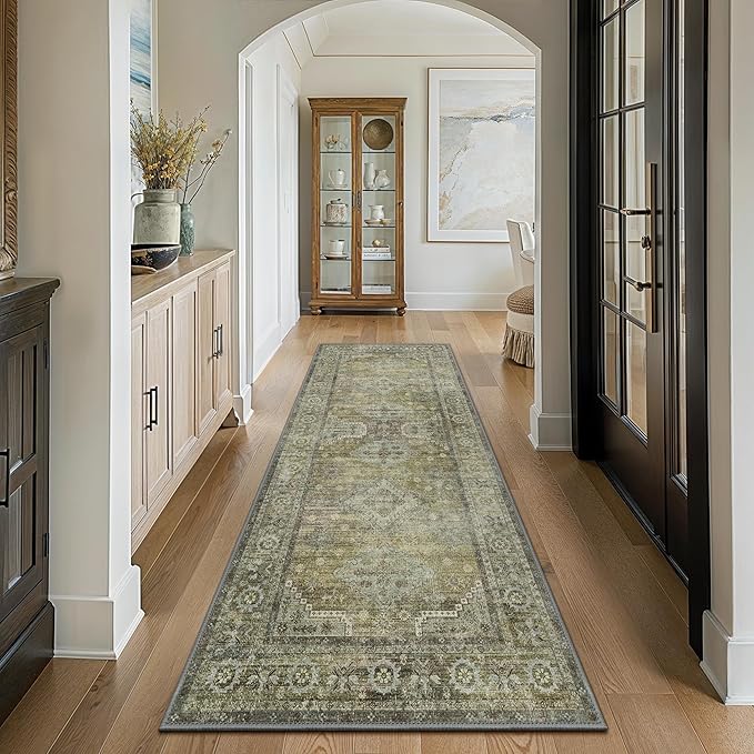 GENIMO Runner Rug 2x8 Non Slip Machine Washable Vintage Hallway Runner Rugs, Low Pile Lightweight Mat for Living Room, Entryway, Bedroom, Kitchen and Corridor, Distressed Sage