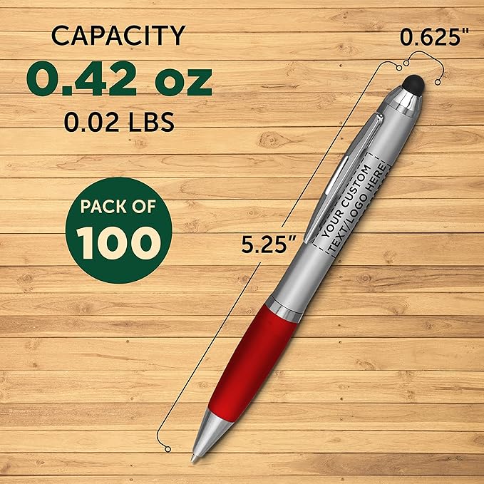 DISCOUNT PROMOS Custom Stylus Ballpoint Pens Set of 100, Personalized Bulk Pack - Black Ink, Great for Office, School, Business, Tradeshows, Events - Red