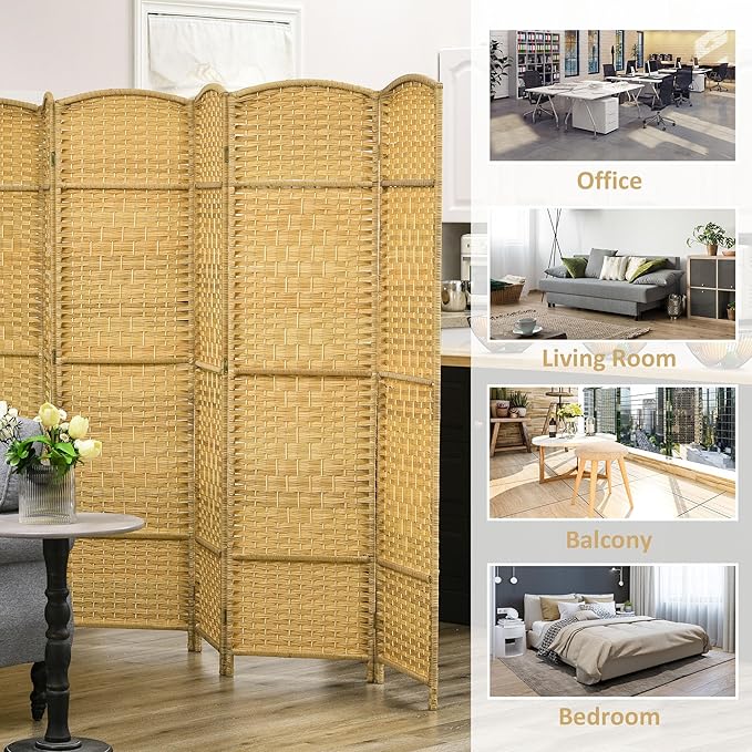 HOMCOM 6 Panel Room Divider, 6' Tall Folding Privacy Screen, Hand-Woven Freestanding Wall Partition for Home Office, Bedroom, Nature Wood