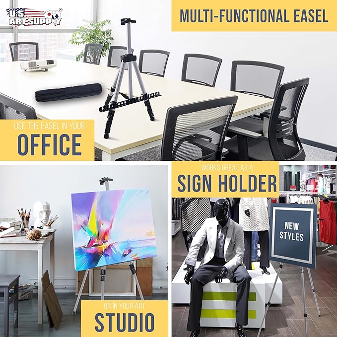 U.S. Art Supply 66" Silver Metal Tripod Easel Display (4 Pack) - Adjustable 18"- 5.5', Holds 36" Canvas - Floor/Tabletop Easel Stand, for Sign Display, Painting, Poster Board, Canvas - Portable Bag
