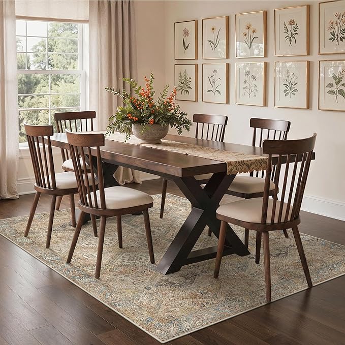 GENIMO 8x10 Area Rugs for Living Room, Machine Washable Non Slip Vintage Rugs, Low Pile Lightweight Print Rug for Bedroom, Dining Room, Home Office, Warm Brown