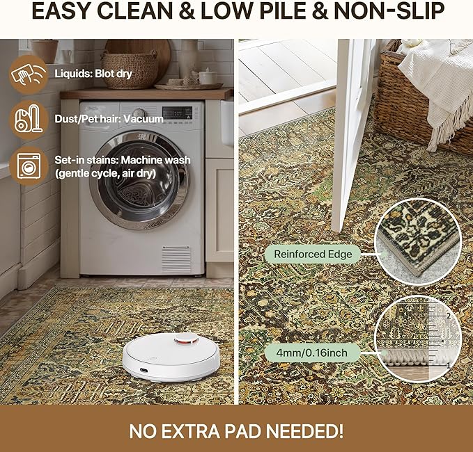 GENIMO Area Rug 2x3 Doormat, Machine Washable Low Pile Rugs, Small Retro Chenille Entryway Mat for Entrance, Hallway, Kitchen and Corridor, Bronze Olive