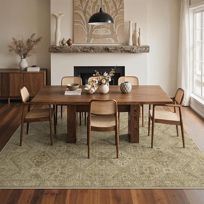 GENIMO 8x10 Area Rugs for Living Room, Machine Washable Non Slip Vintage Rugs, Low Pile Lightweight Print Rug for Bedroom, Dining Room, Home Office, Tan Brown