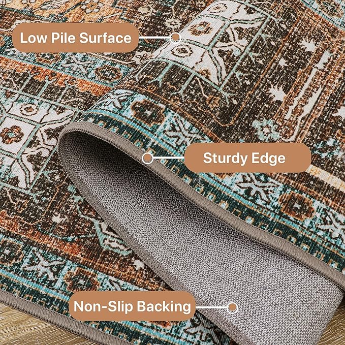 GENIMO 2x5 Runner Rugs for Hallway, Machine Washable Non Slip Vintage Retro Rugs, Low Pile Lightweight Soft Print Rug for enrtyway, Corridor, Home Office, Kitchen, VVintage Brown/Blue
