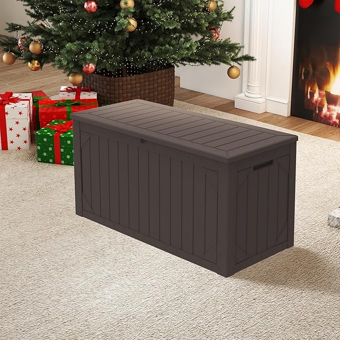 PATIOEASY Outdoor Storage Box 100GAL Waterproof Resin Deck Box,UV-Resistant Lockable Package Delivery Bin for Garden Tools,Large Patio Outside Cushions,Pool Accessories Supplies,Chest,Furniture,Brown