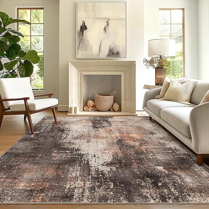 GENIMO Washable Area Rugs for Living Room, 6x9 Vintage Non Slip Rugs, Low Pile Lightweight Soft Print Rug for Bedroom, Dining Room, Home Office, Brown Orange
