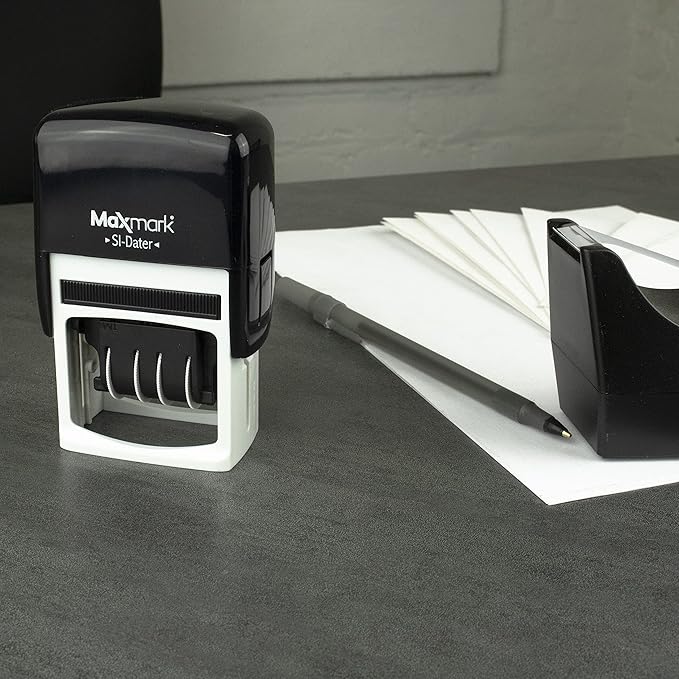 MaxMark Office Self Inking Date Stamp with Phrase Entered - Blue Ink