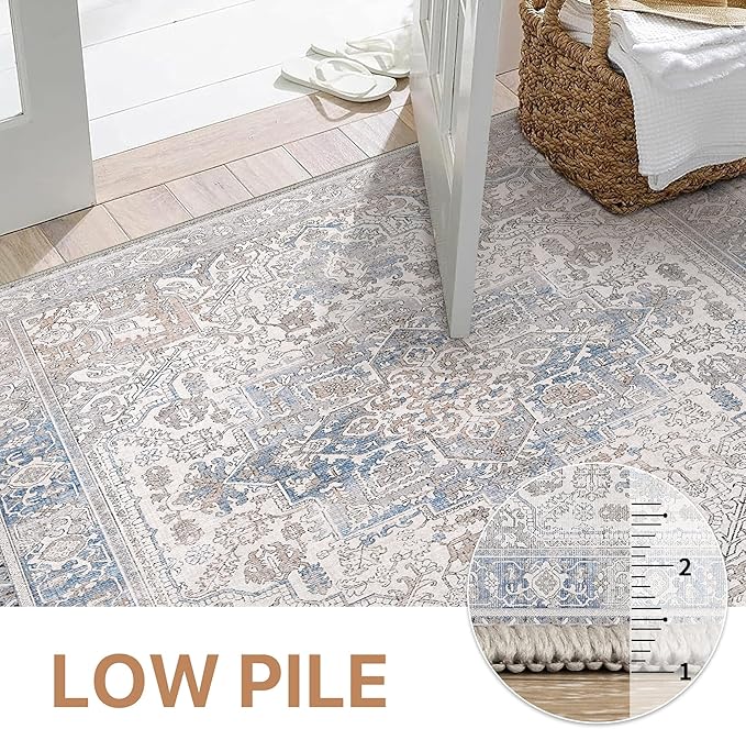 GENIMO 2'6"x8 Runner Rugs for Hallway, Machine Washable Non Slip Vintage Retro Rugs, Low Pile Lightweight Thin Print Rug for enrtyway, Corridor, Home Office, Kitchen, Khaki Blue
