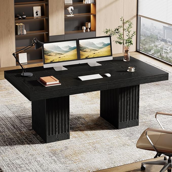Tribesigns 63 Inch Executive Desk, Modern Office Computer Desk with Heavy Duty Double Pedestal, Large Study Writing Table Business Furniture for Home Office, Black