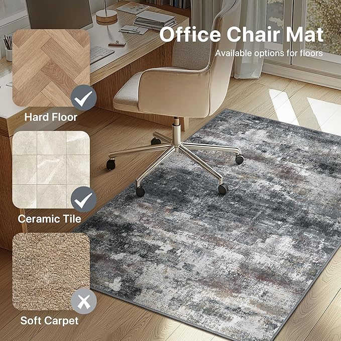 Office Chair Mat for Hardwood Tile Floor, Abstract 36"X 60" Desk Mats for Office Chair on Rolling Chairs Carpet, Desk Anti-Slip 1/5" Thick Rug for Computer Chair, Thin Low-Pile Floor Mat, Dark Gray