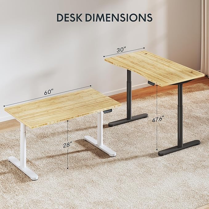 FLEXISPOT Bamboo Electric Standing Desk with Elegant Oval Legs & Curved Desktop, 60"x30" Height Adjustable Desk for Home Office & Living Spaces, White Frame