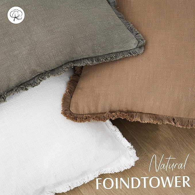 Foindtower Set of 2 Decorative Linen Fringe Throw Pillow Covers Cozy Boho Farmhouse Cushion Cover with Tassels Soft Accent Pillowcase for Couch Sofa Bed Living Room Home Decor,24×24 Inch,White