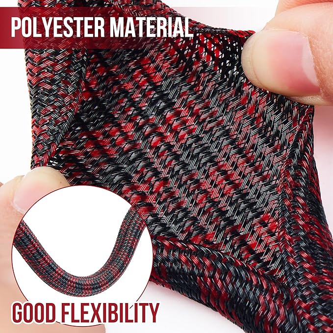 QCSIW Split Cable Sleeve, 1/2 Inch 10ft Black Red Braided Wire Loom for Home Cable Management, Pet Chew Protection and DIY Cord Organizer for Desk and Home Theater