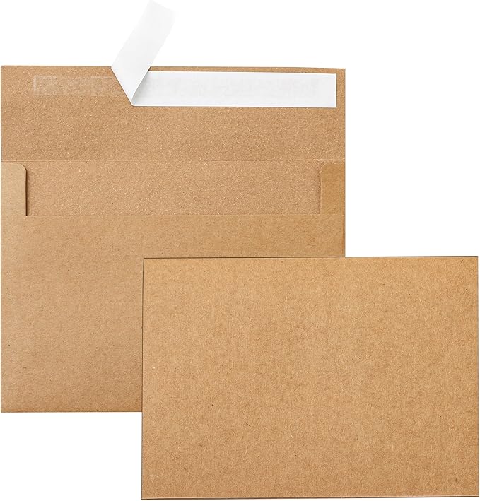 Silunkia 100 Packs Brown Blank Cards and Envelopes 5 x 7 Heavyweight Single Panel Cardstock and A7 Envelopes Self Seal for Wedding Invitations, Birthday, Thank You Cards, Mailing