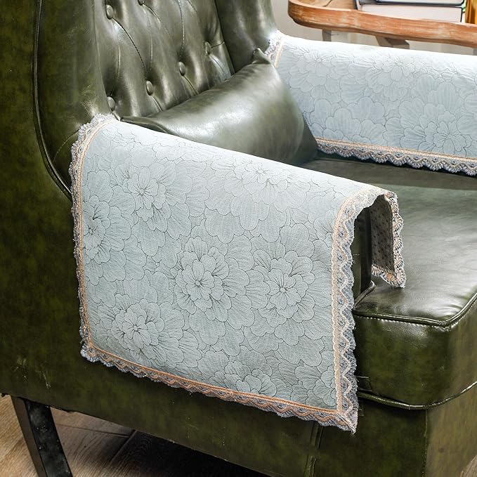 MINJIATEX Couch arm Covers,Non-Slip lace Sofa arm Covers Set of 2 Washable Sofa armrests Cover for Living Room Recliner Chair arm Cover Protectors for Leather armrest (FH-Grayish Blue)