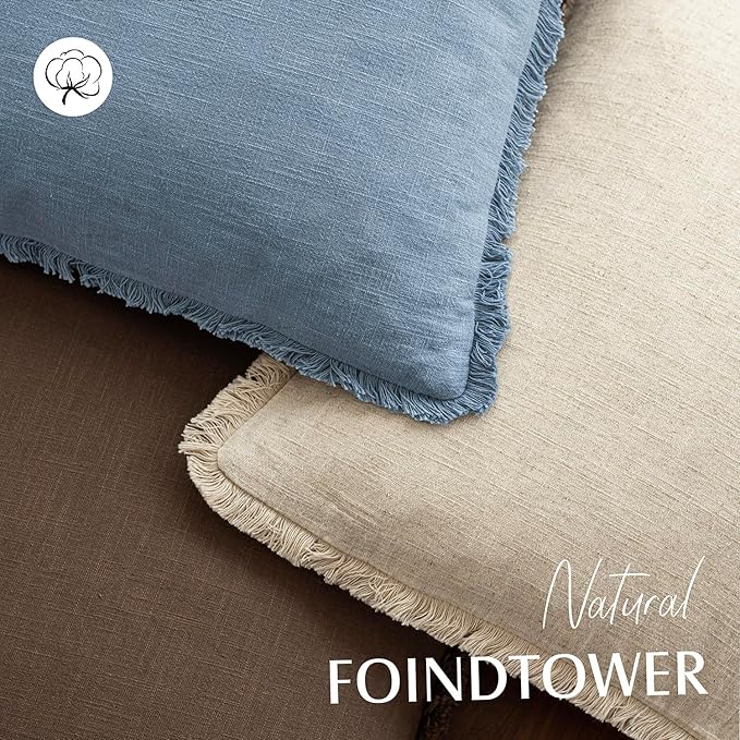 Foindtower Set of 2 Decorative Linen Fringe Throw Pillow Covers Cozy Boho Farmhouse Cushion Cover with Tassels Soft Accent Pillowcase for Couch Sofa Bed Living Room Home Decor, 20×20 Inch, Misty Blue