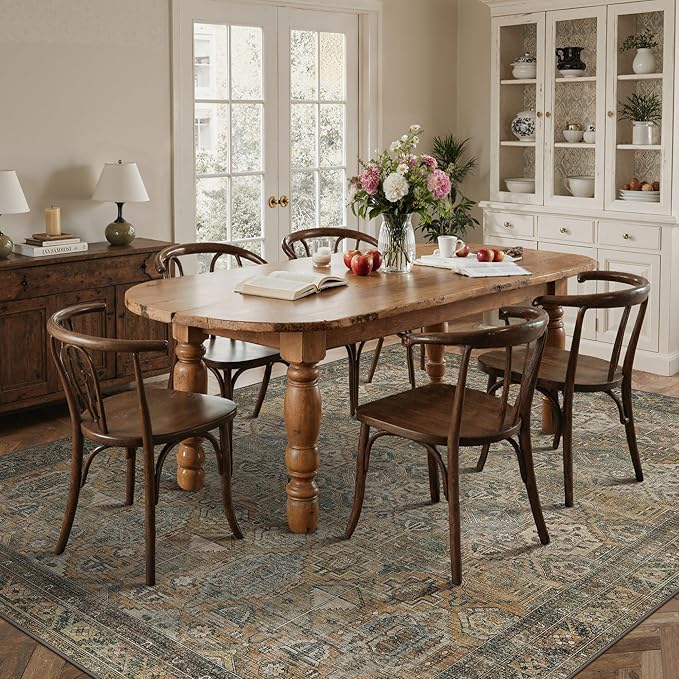 GENIMO 4x6 Area Rugs for Living Room, Machine Washable Non Slip Vintage Rugs, Low Pile Lightweight Chenille Print Rug for Bedroom, Dining Room, Home Office, Warm Taupe