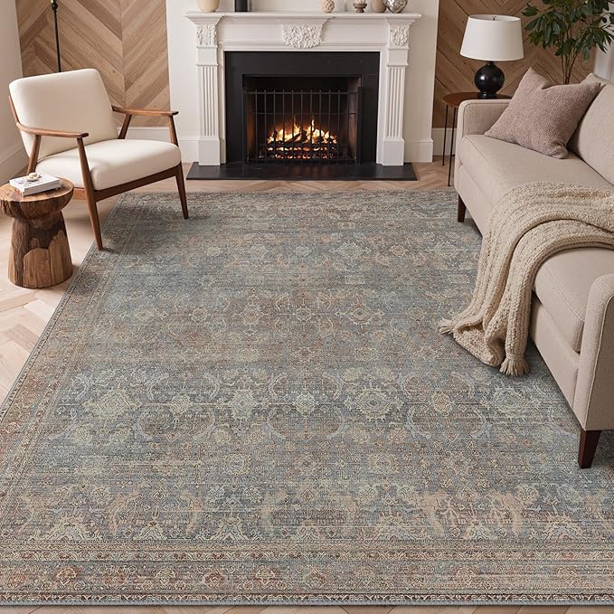 GENIMO 8x10 Area Rugs for Living Room, Machine Washable Non Slip Vintage Rugs, Low Pile Lightweight Chenille Print Rug for Bedroom, Dining Room, Home Office, Grayish Blue