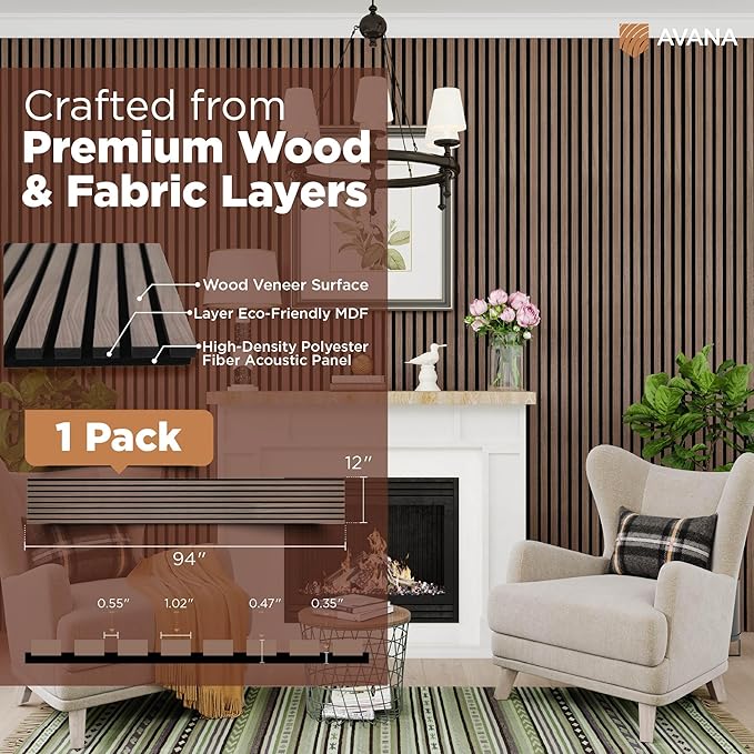 Avana Modern Acoustic Wood Wall Panels – 94.4 x 12.6 Inch Walnut Acoustic Panels 1 PC – Wall Panels For Interior Wall Decor For Homes, Offices, Studios – Sturdy & Durable Wood Panels For Wall