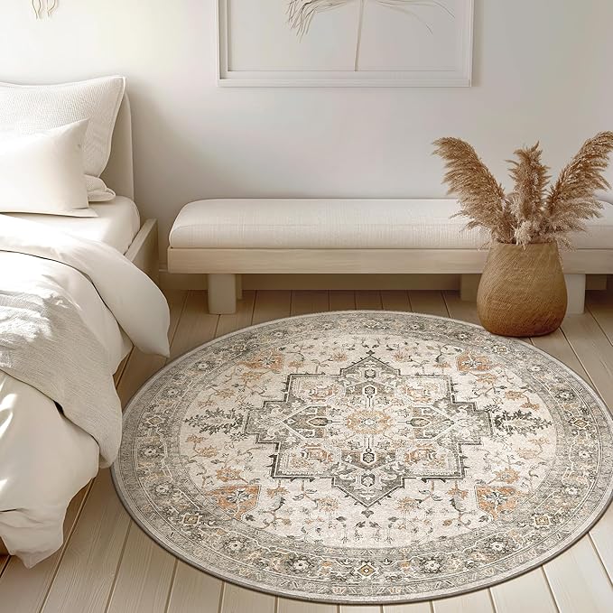 GENIMO 8FT Round Area Rugs for Living Room, Circle Rugs Machine Washable Low Pile, Chenille Non Slip Vintage Rug for Bedroom, Dining Room, Home Office, Light Taupe Brown
