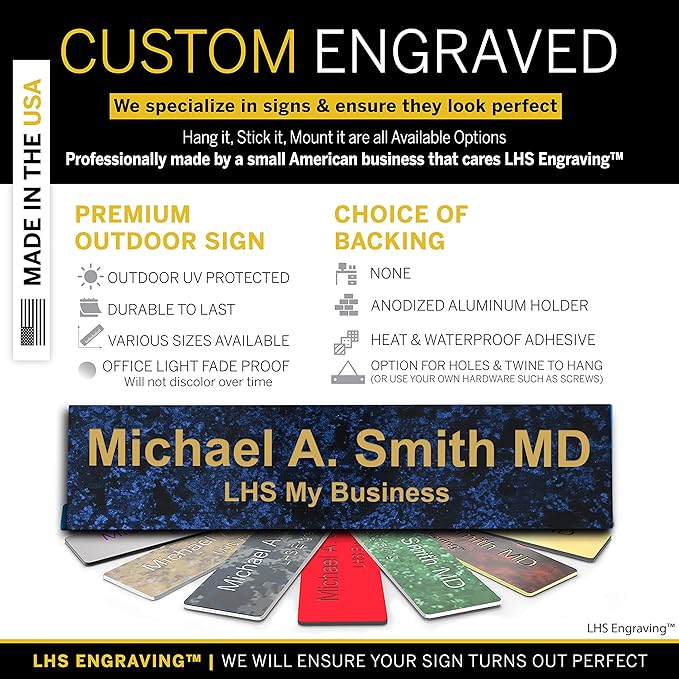 Custom Name Plate with Choice of Mounting for Walls, Doors, Cubicles, Hanging and More - Personalized Celestial Blue Plastic Gold Letters - USA Made 2x12 - S1