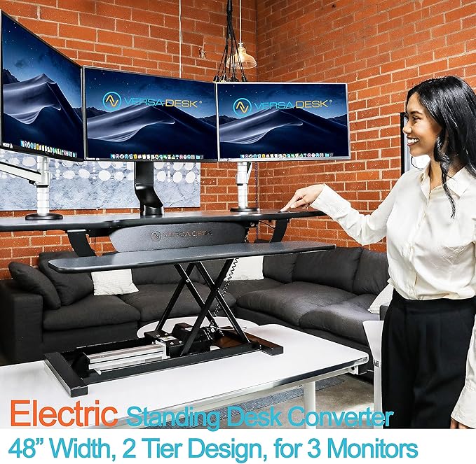 VERSADESK® PowerPro™ 48” x 24” Extra Wide Electric Sit-to-Stand Desk Converter w/ Keyboard Tray for Home or Office | USB Charging Port | Supports Multiple Monitors | Lifts 80 lbs. - Black