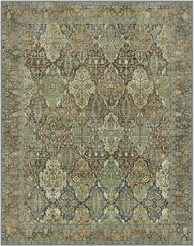 GENIMO 6x9 Area Rugs for Living Room, Machine Washable Low Pile Rugs, Chenille Non Alip Vintage Rug for Bedroom, Dining Room, Home Office, Bronze Olive